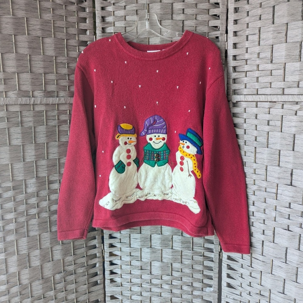Vtg 90s Christmas Sweater Red Snowman Sequin Knit Pullover Sz‎ L 12/14 Festive